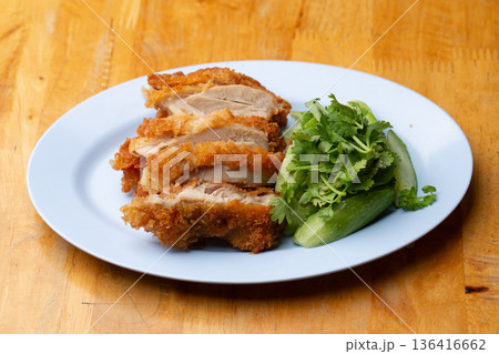 Thai Hainanese Chicken Rice with Crispy Chicken and Dipping Sauce Thai Hainanese Chicken Rice with Crispy Chicken and Dipping Sauce 136416662