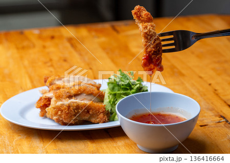 Thai Hainanese Chicken Rice with Crispy Chicken and Dipping Sauce Thai Hainanese Chicken Rice with Crispy Chicken and Dipping Sauce 136416664