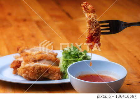 Thai Hainanese Chicken Rice with Crispy Chicken and Dipping Sauce 136416667