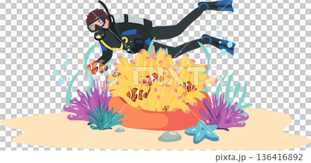 scuba diving underwater coral reef with clownfish and marine life illustration 136416892