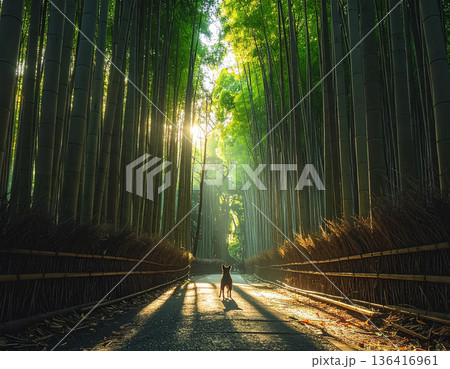 朝光差す竹林道を歩く小さな犬 朝光差す竹林道を歩く小さな犬 136416961