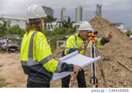 Engineer survey team checking construction project  inspection work construction site . 136416988