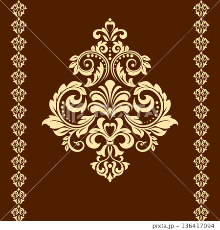 Damask graphic ornament. Floral design element. Golden and brown vector pattern 136417094