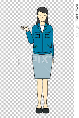 Full-body illustration of a woman in work clothes posing for guidance or introduction Full-body illustration of a woman in work clothes posing for guidance or introduction 136417328