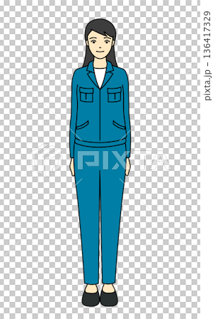 Full-body illustration of a female employee standing in blue work clothes Full-body illustration of a female employee standing in blue work clothes 136417329