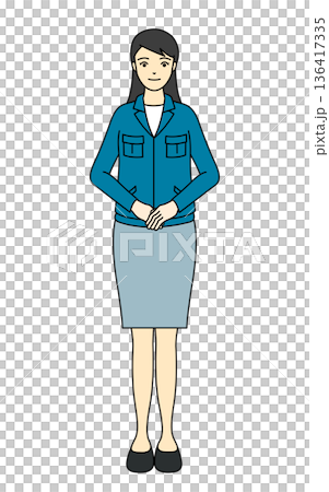 Full-body illustration of a woman in work clothes bowing politely Full-body illustration of a woman in work clothes bowing politely 136417335