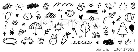 Kid icon line cute element set. Kid icon sketch with line outline and hand drawn art on paper cloud, flower, house background. Childish children cartoon play rainbow, heart, sun. Vector 136417655