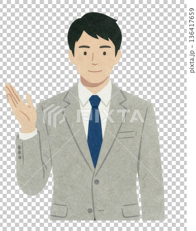 微笑的商人舉起手，日式剪紙風格插圖 136417659