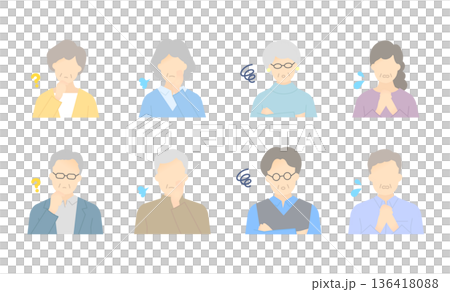 Simple illustration of the upper body of a worried senior man and woman. Vector material set Simple illustration of the upper body of a worried senior man and woman. Vector material set 136418088