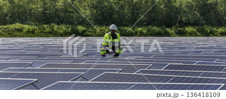 Engineer Checking and working setup Floating solar panels or solar cell Platform system on the lake. Engineer Checking and working setup Floating solar panels or solar cell Platform system on the lake. 136418109