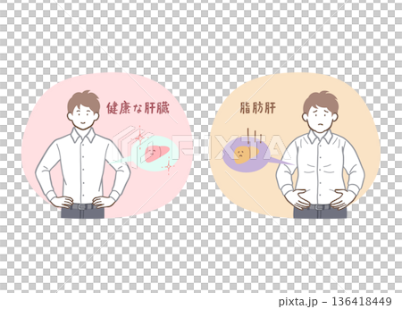 健康な肝臓と脂肪肝の男性のイラストセット 136418449