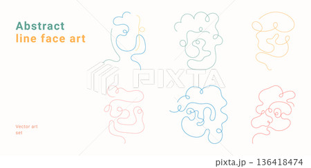 Abstract line face art set with continuous one line drawing portraits. Modern minimalist vector illustration collection for contemporary art, design and creative projects with faces. Abstract line face art set with continuous one line drawing portraits. Modern minimalist vector illustration collection for contemporary art, design and creative projects with faces. 136418474
