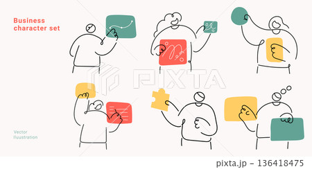 Business character set with people working, communicating and problem solving. Continuous one line drawing vector collection for teamwork, collaboration and office concepts minimalist. Business character set with people working, communicating and problem solving. Continuous one line drawing vector collection for teamwork, collaboration and office concepts minimalist. 136418475