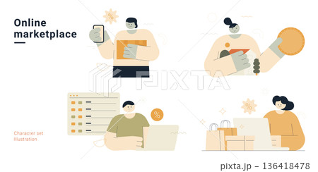 Online marketplace character set with people shopping, browsing products, making payments and receiving deliveries. Flat design vector collection for e-commerce and online shopping. Online marketplace character set with people shopping, browsing products, making payments and receiving deliveries. Flat design vector collection for e-commerce and online shopping. 136418478