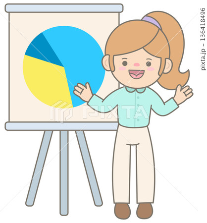 Businesswoman Presenting Pie Chart Data for Office Meeting and Financial Report Businesswoman Presenting Pie Chart Data for Office Meeting and Financial Report 136418496