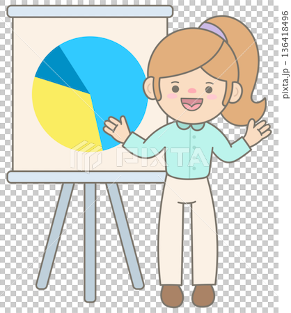 Businesswoman Presenting Pie Chart Data for Office Meeting and Financial Report Businesswoman Presenting Pie Chart Data for Office Meeting and Financial Report 136418496