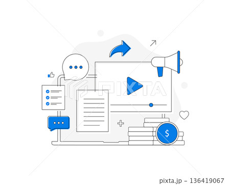 Content marketing strategy - video production, social engagement, blog posts monetization. Keyword research, target audience, content marketing digital promotion technology 2026 trends illustration 136419067