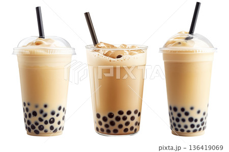 Creamy bubble milk tea with tapioca pearls in glass cup, isolated on white transparent background 136419069