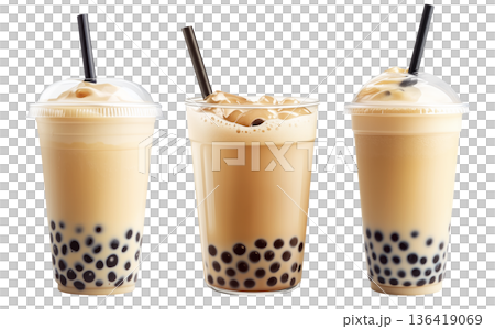 Creamy bubble milk tea with tapioca pearls in glass cup, isolated on white transparent background 136419069