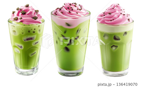 Iced matcha drink topped with pink whipped cream and chocolate bits, isolated on white transparent background 136419070