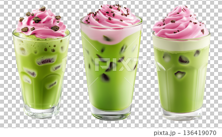 Iced matcha drink topped with pink whipped cream and chocolate bits, isolated on white transparent background 136419070