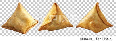 Golden brown crispy samosas isolated on white transparent background, traditional Indian snack concept 136419071