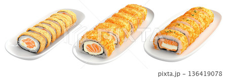 Sushi rolls filled with salmon and cream cheese, topped with crispy flakes, isolated on white transparent background 136419078