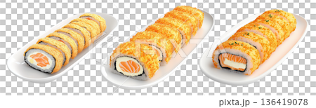 Sushi rolls filled with salmon and cream cheese, topped with crispy flakes, isolated on white transparent background 136419078