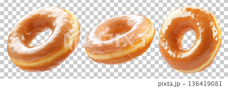 Tasty round donut topped with caramel and vanilla glaze swirl, isolated on white transparent background Tasty round donut topped with caramel and vanilla glaze swirl, isolated on white transparent background 136419081