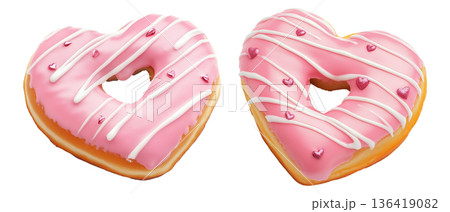 Heart-shaped donut topped with pink icing, white drizzle and small hearts on white transparent background 136419082