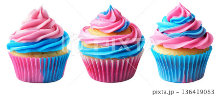 Sweet cupcake topped with pink and blue swirled frosting in wrapper, isolated on white transparent background 136419083