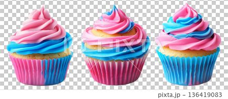 Sweet cupcake topped with pink and blue swirled frosting in wrapper, isolated on white transparent background 136419083
