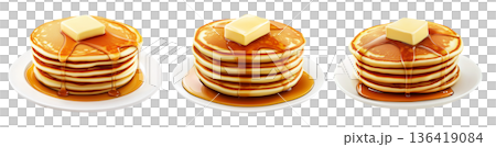Delicious stack of golden pancakes with melting butter and maple syrup, isolated on white transparent background Delicious stack of golden pancakes with melting butter and maple syrup, isolated on white transparent background 136419084