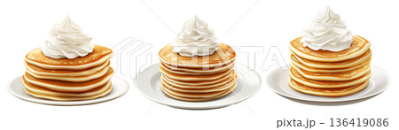 Fluffy pancake stack topped with whipped cream, isolated on white transparent background. Concept of tasty breakfast Fluffy pancake stack topped with whipped cream, isolated on white transparent background. Concept of tasty breakfast 136419086