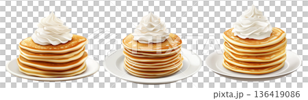 Fluffy pancake stack topped with whipped cream, isolated on white transparent background. Concept of tasty breakfast Fluffy pancake stack topped with whipped cream, isolated on white transparent background. Concept of tasty breakfast 136419086
