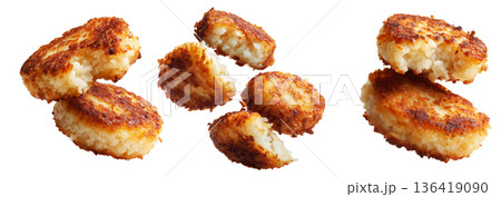 Set of Crispy golden fried sago cakes isolated on white transparent background, concept of Papua New Guinea breakfast food Set of Crispy golden fried sago cakes isolated on white transparent background, concept of Papua New Guinea breakfast food 136419090
