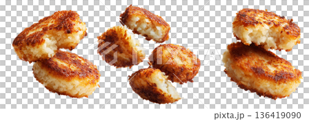 Set of Crispy golden fried sago  cakes isolated on white transparent background, concept of Papua New Guinea breakfast food 136419090