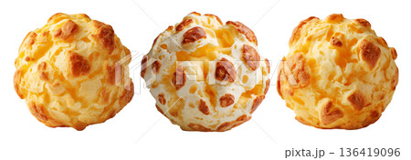 Small cheesy bread ball with golden crust and holes, isolated on white background, concept of Brazil Pao de Queijo food 136419096