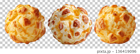 Small cheesy bread ball with golden crust and holes, isolated on white background, concept of Brazil Pao de Queijo food 136419096