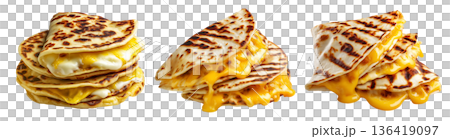 Grilled cheese quesadilla or Cachapas sweet corn pancakes with melted white cheese stacked, isolated on white background 136419097