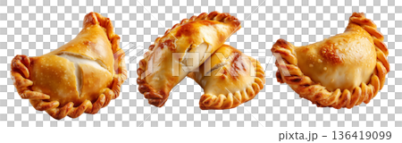 Fried baked pastry empanadas filled with ground beef cheese ham and crimped edges, isolated on white background Fried baked pastry empanadas filled with ground beef cheese ham and crimped edges, isolated on white background 136419099