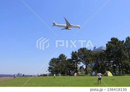 公園の上空を着陸進入する旅客機 136419130