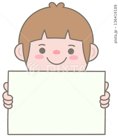 Cute Office Man Holding Blank Paper for Custom Message and Business Announcement 136419189