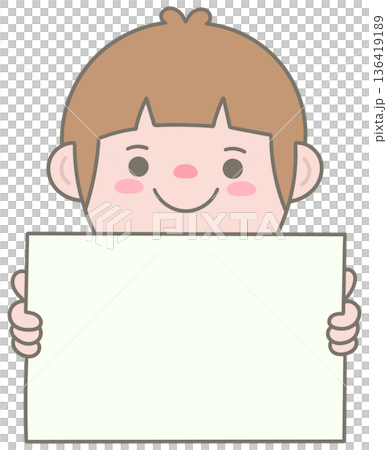 Cute Office Man Holding Blank Paper for Custom Message and Business Announcement 136419189