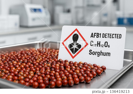 AFB1 Detected in Sorghum Grains a Mycotoxicology Analysis for Food Toxicology showing a GHS08 Health Hazard Warning for a Contaminated Cereal Lot in a Laboratory Setting AFB1 Detected in Sorghum Grains a Mycotoxicology Analysis for Food Toxicology showing a GHS08 Health Hazard Warning for a Contaminated Cereal Lot in a Laboratory Setting 136419213