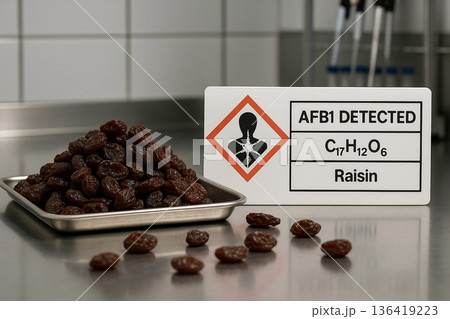 AFB1 Detected in Raisins a Mycotoxicology Investigation for Food Toxicology showing a GHS08 Health Hazard Warning for a Contaminated Dehydrated Fruit Sample in a Laboratory 136419223