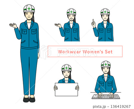 ヘルメットと作業服の女性ポーズセット工事現場や製造業の素材 136419267