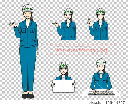 ヘルメットと作業服の女性ポーズセット工事現場や製造業の素材 136419267