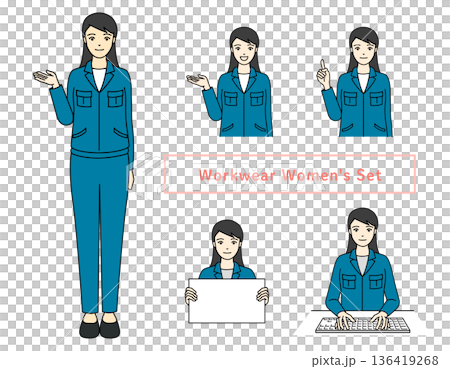 作業服を着た女性のポーズセット全身と上半身のビジネス素材 136419268