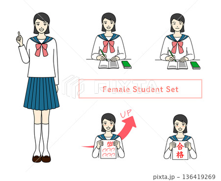 セーラー服の女子高校生ポーズセット勉強と試験合格のイメージ セーラー服の女子高校生ポーズセット勉強と試験合格のイメージ 136419269